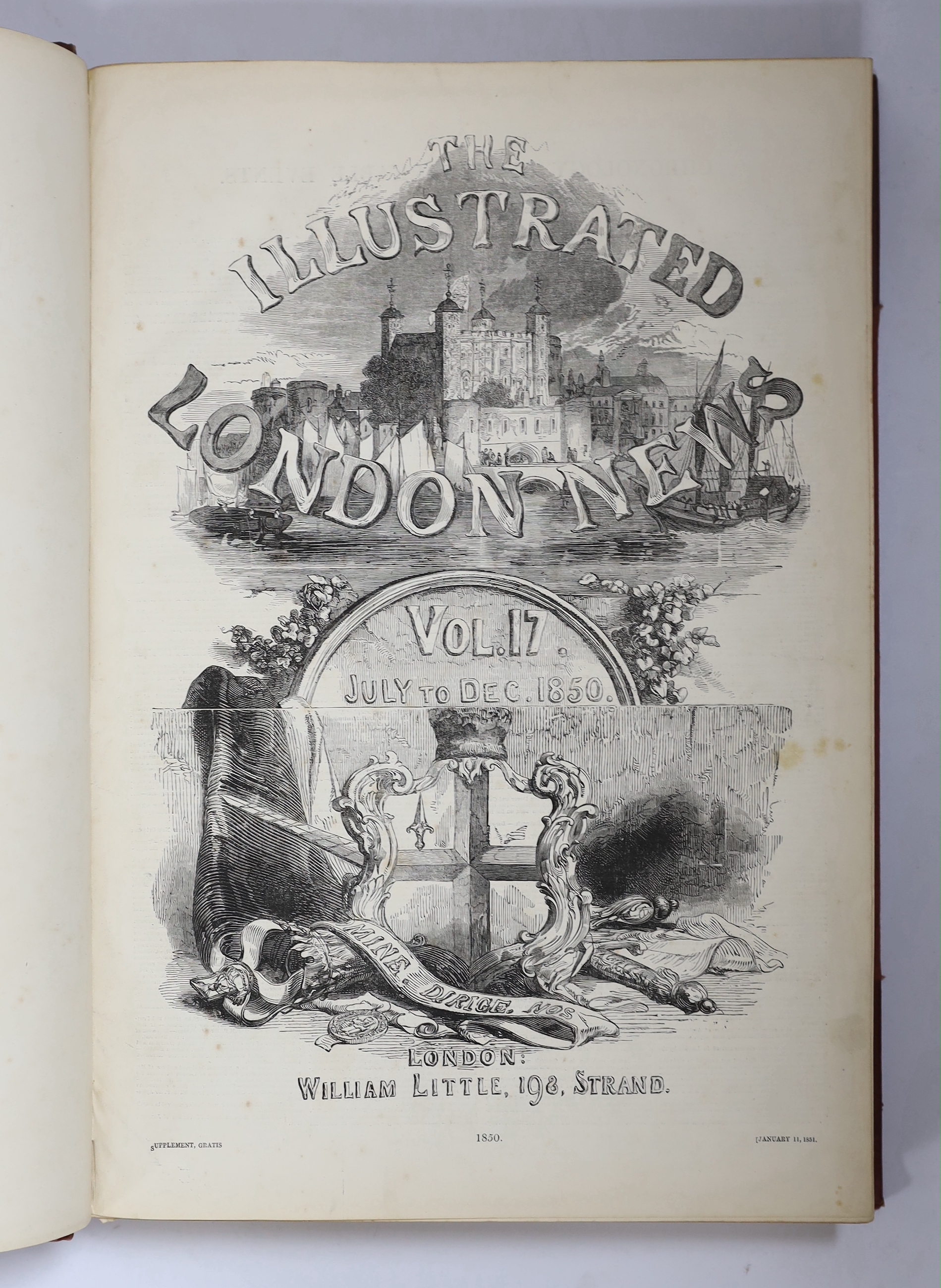 The Illustrated London News - vols.17 (July-Dec.1850); 20 (Jan-June 1852); 28 (Jan-June 1856). many engraved illus. (some folded or d-page); various cloth and leather bindings, folio. (3)